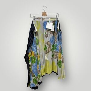 BASE MARK Pleated Midi Skirt Floral Print Black Asymmetrical Japan Runway S